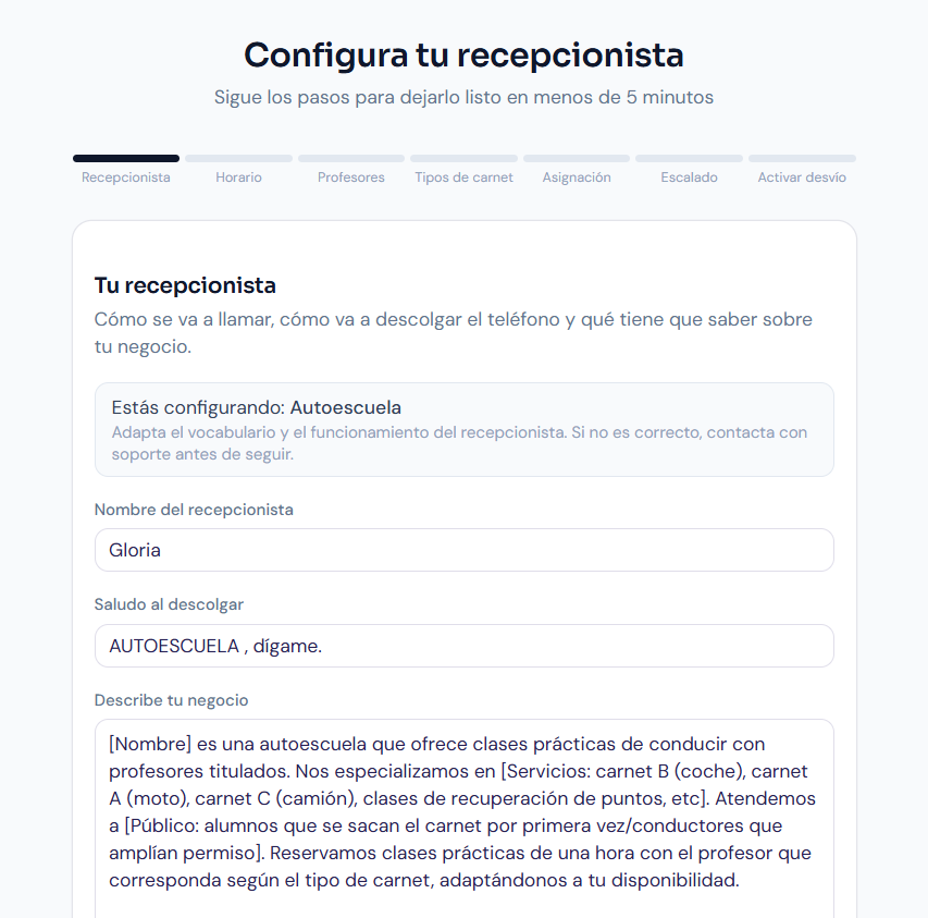 Asistente de alta: barra de los 7 pasos y confirmacion del tipo de negocio