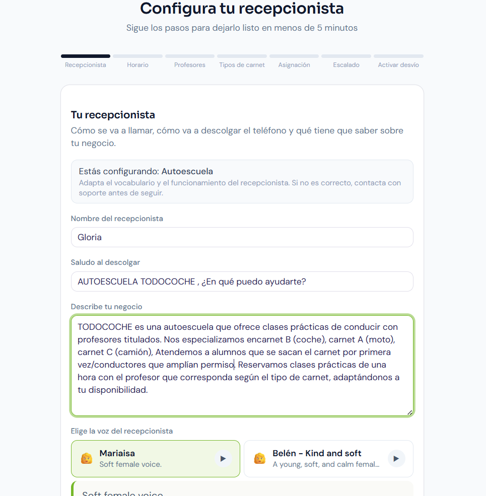 Paso 1 con el nombre, el saludo y la descripcion del negocio rellenos