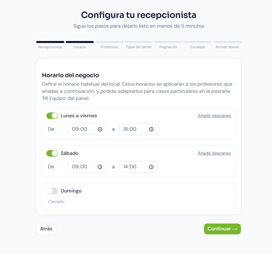 Rejilla del horario semanal del negocio