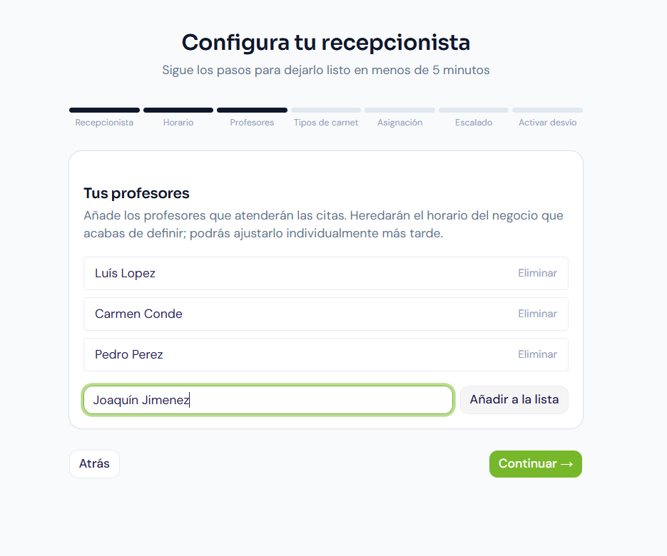 Paso 3 con varios profesores anadidos a la lista