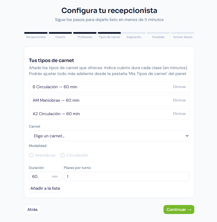 Varios tipos de carnet ya anadidos a la lista