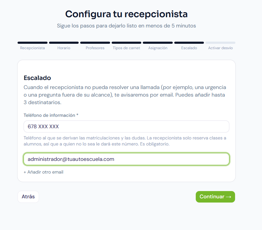 Paso 6 con el telefono de informacion y los emails de aviso