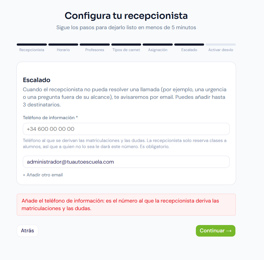 Aviso de que el telefono de informacion es obligatorio en autoescuela