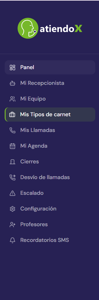 Menu lateral del panel, con Mis Tipos de carnet y Profesores