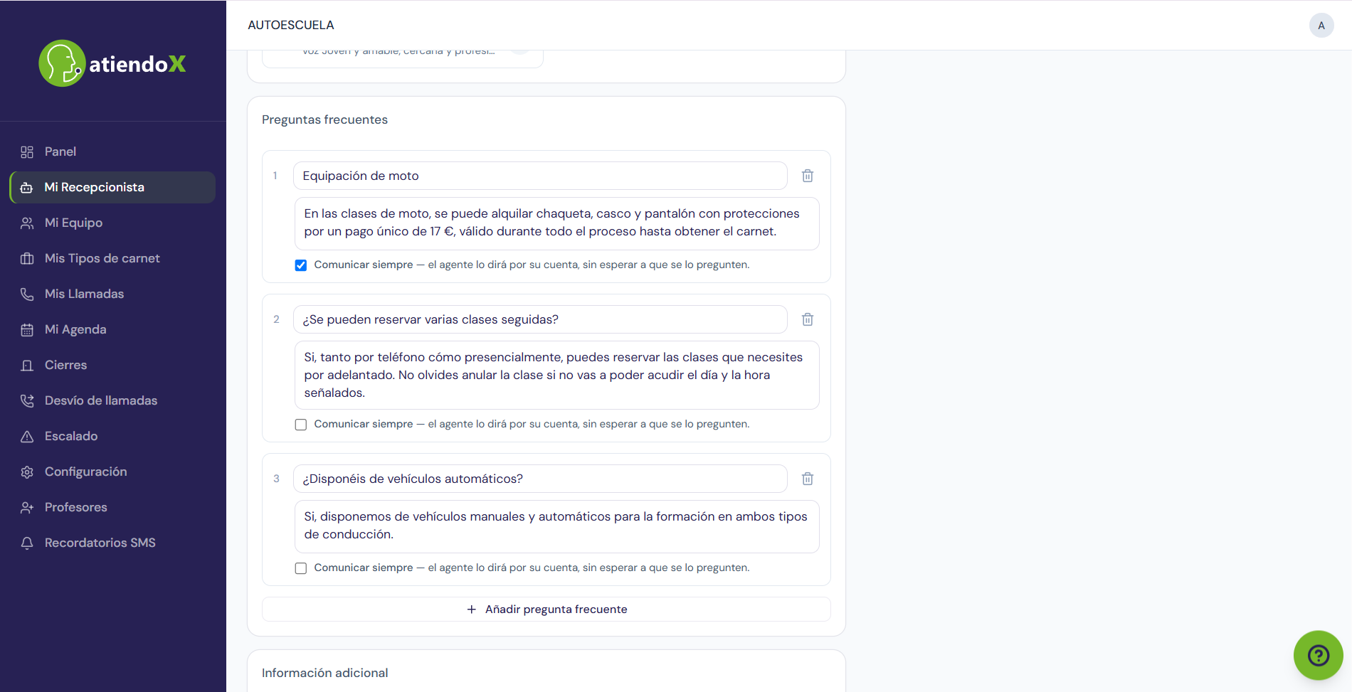 Editor de preguntas frecuentes con la casilla Comunicar siempre
