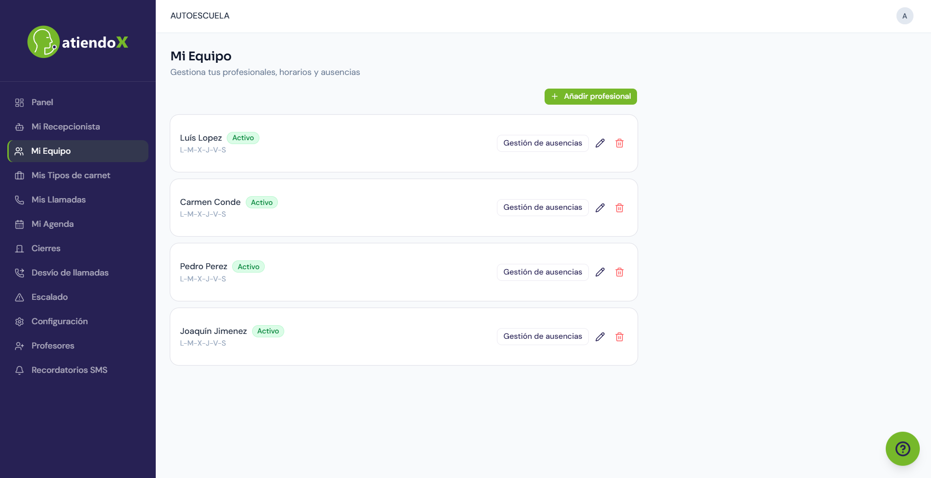 Lista de profesores en Mi Equipo