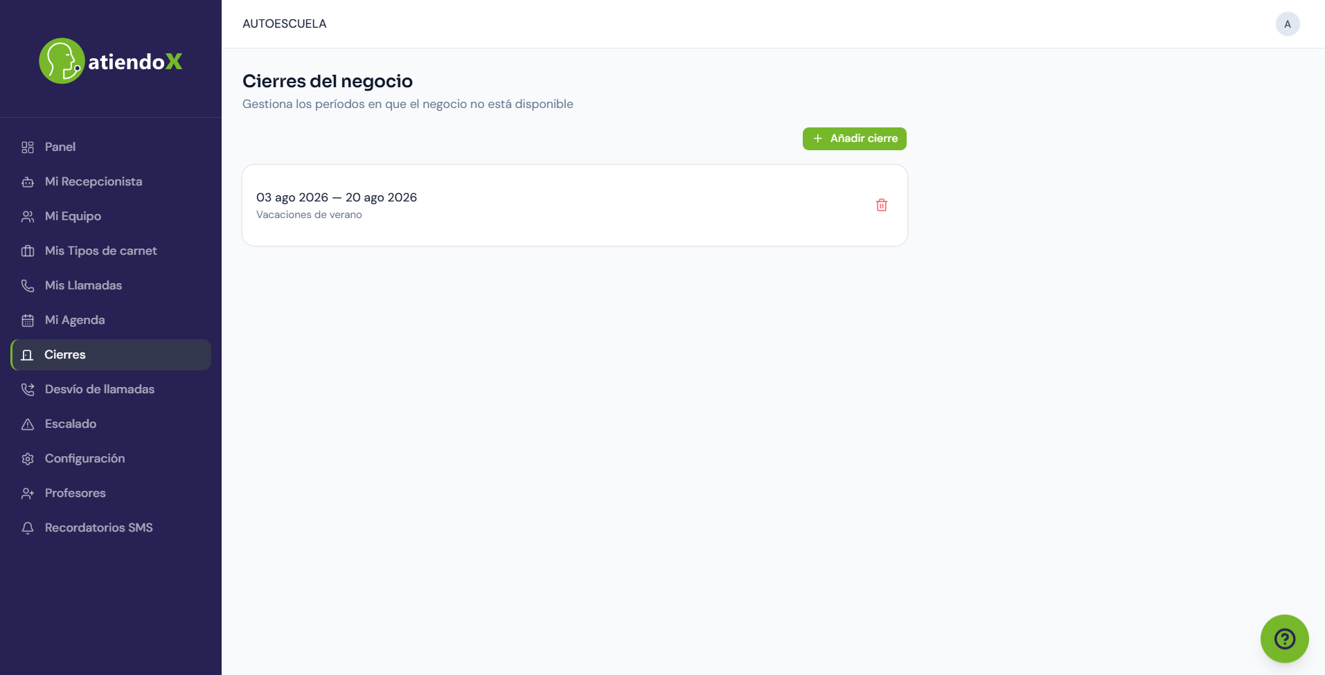 Lista de cierres del negocio