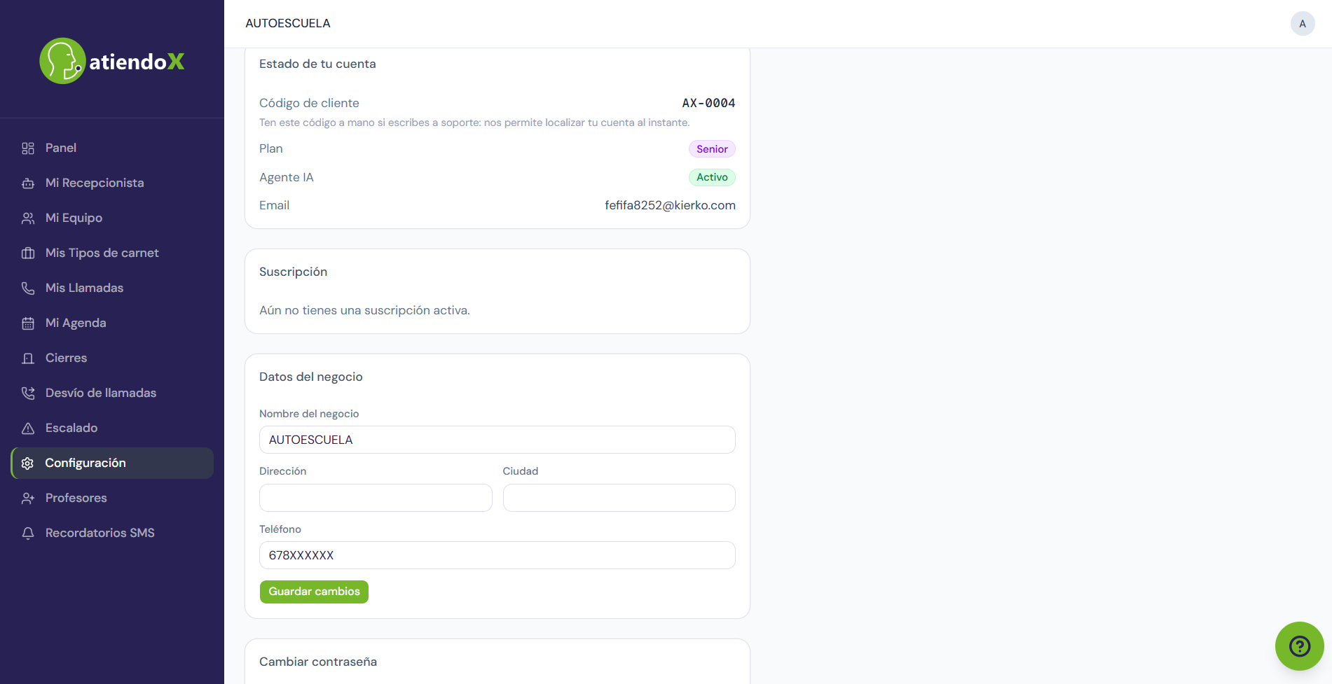 Configuracion: codigo de cliente, datos del negocio y suscripcion